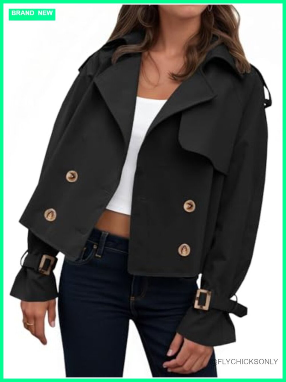 Womens Cropped Trench Coat Oversized Double Breasted Long Sleeve Jacket